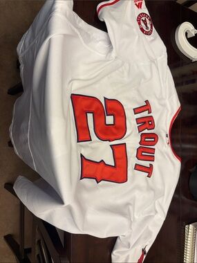 Mike Trout #27 White Baseball Jersey with Red/Blue Lettering